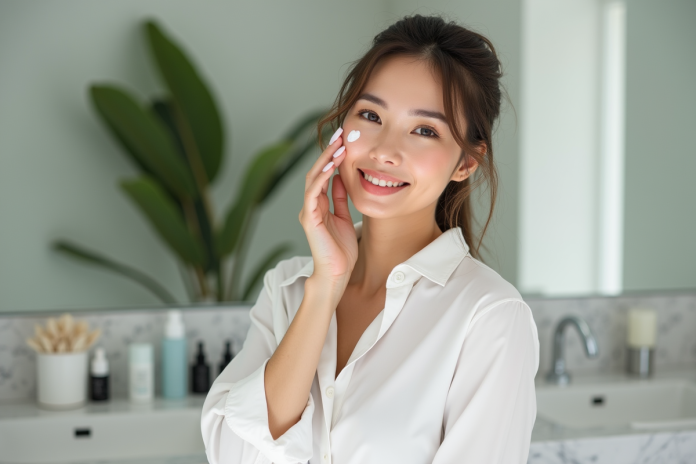 femme-soin-visage-lumiere-naturelle Femme appliquant un serum visage dans une salle de bain moderne