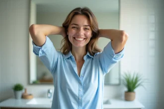 Femme souriante avec aisselles sèches dans une salle de bain lumineuse