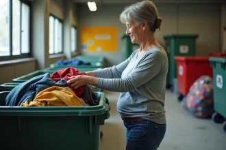 Femme triant des vêtements recyclables dans un centre urbain