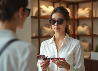 Femme élégante essayant des lunettes dans une boutique chic