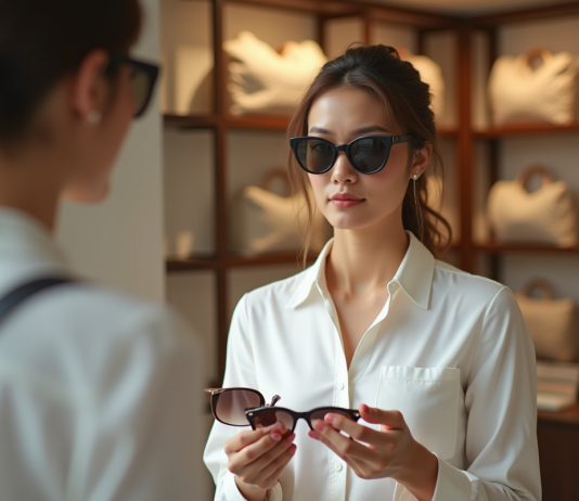 Femme élégante essayant des lunettes dans une boutique chic