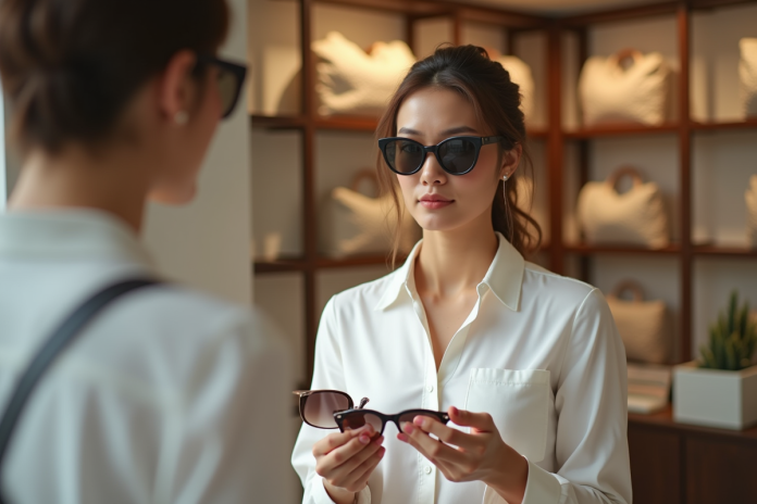 femme-tryant-sunglasses-boutique Femme élégante essayant des lunettes dans une boutique chic