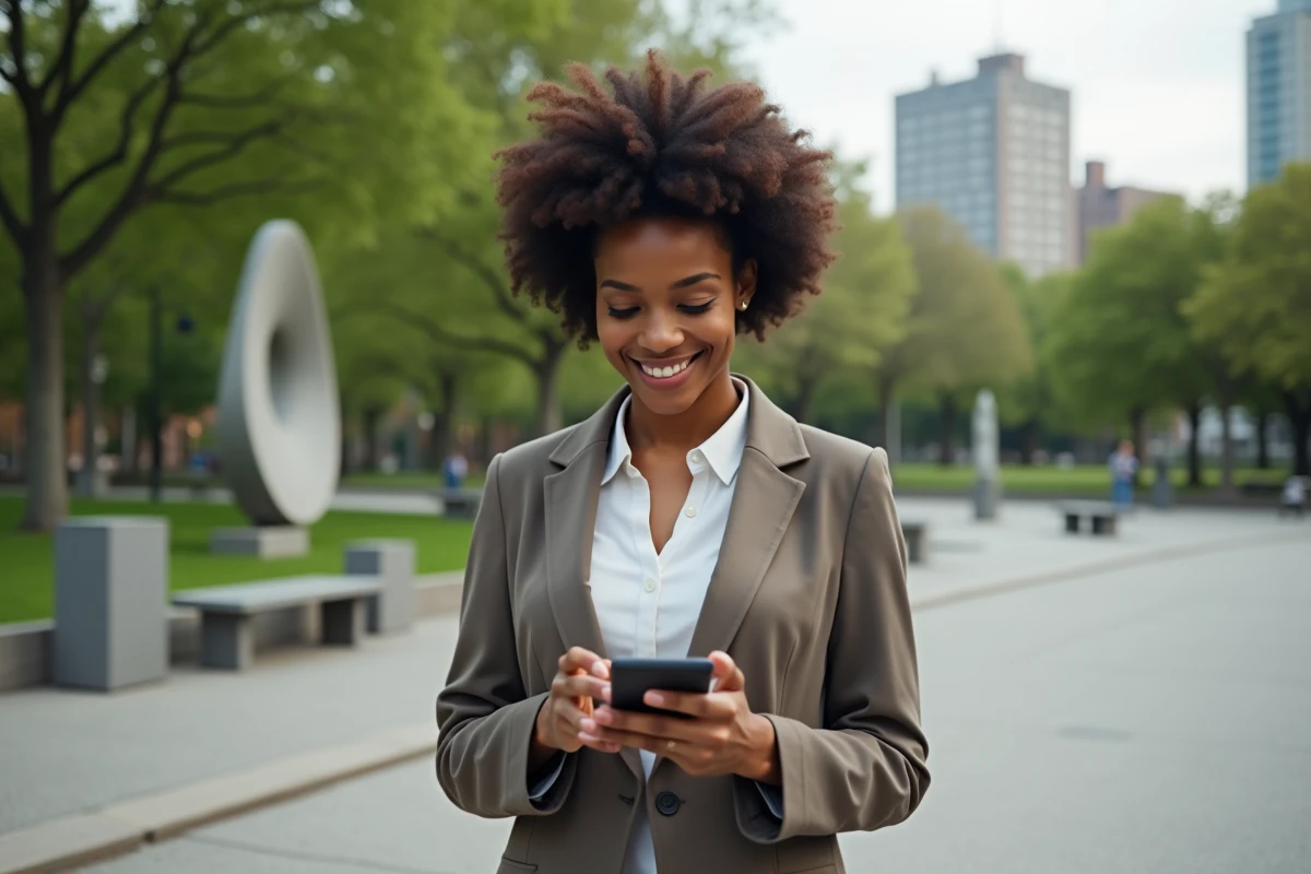 Jeune femme lisant un article sur smartphone en plein air