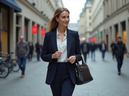 Femme élégante marchant en ville avec sac en cuir