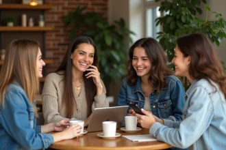 Quatre femmes souriantes autour d'une table de café avec tablettes