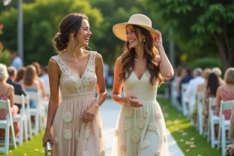 Deux femmes riant lors d'un mariage en plein air