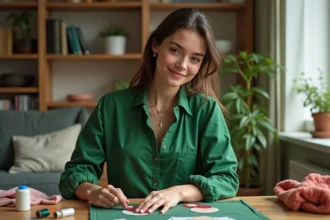 Jeune femme cousant un costume Totally Spies dans un salon cosy
