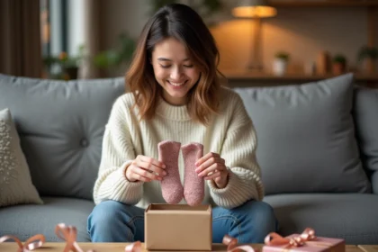 Jeune femme souriante déballant un coffret de chaussettes brillantes