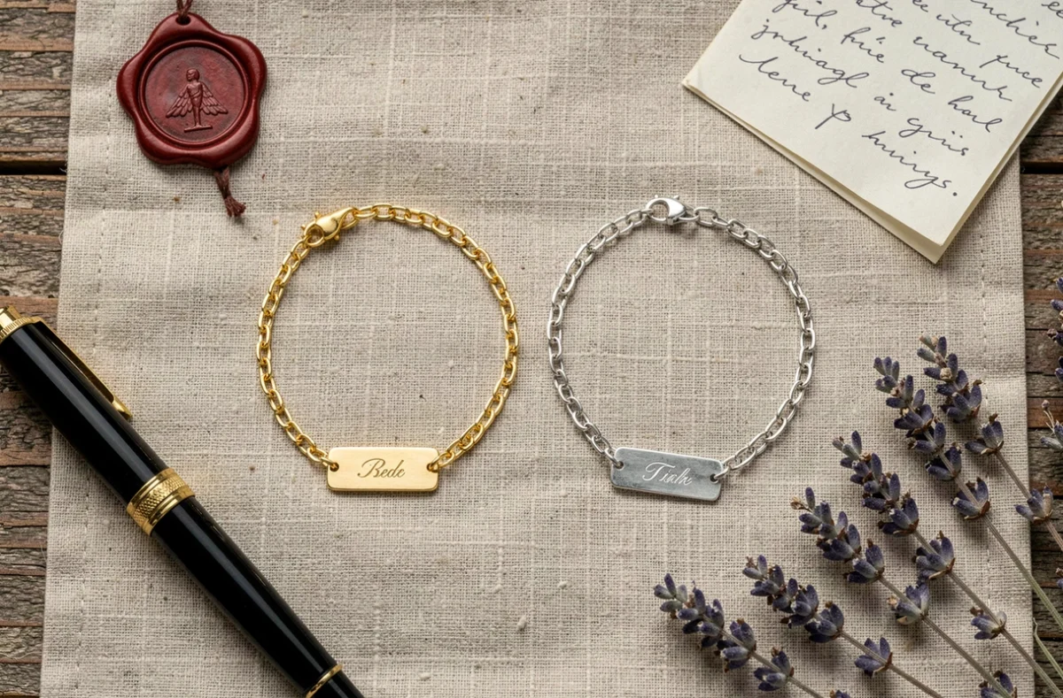 Flat lay de deux bracelets personnalisés sur mesure en or et argent avec accessoires artisanaux de gravure