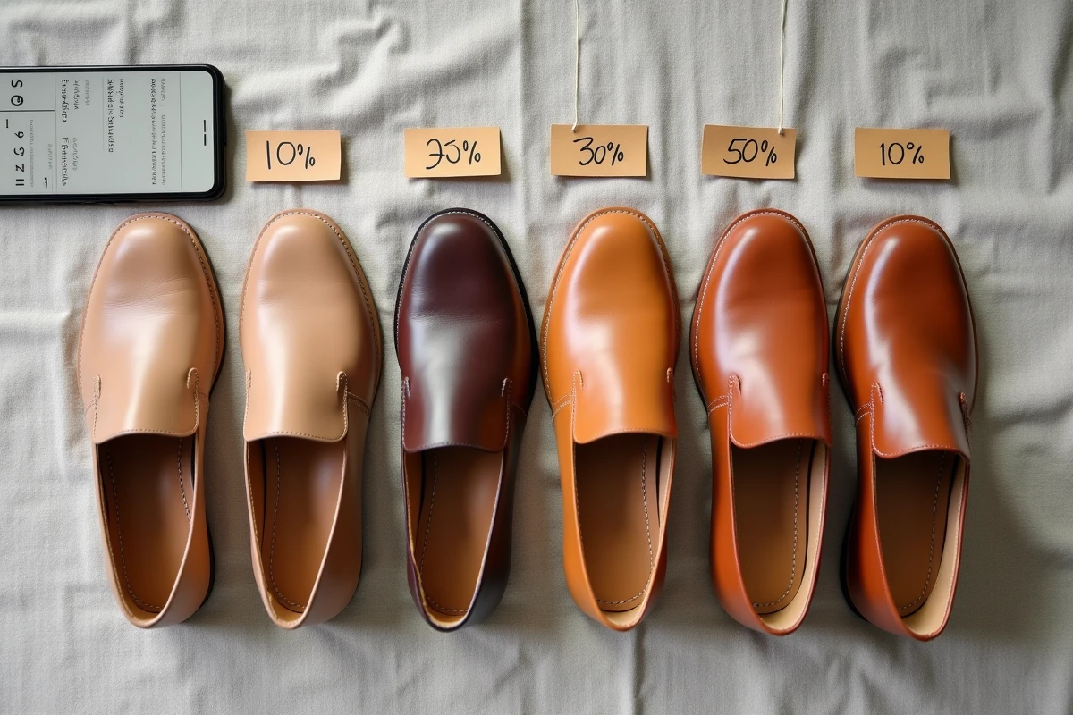 Vue à plat de chaussures Arche en soldes avec étiquettes de remise et smartphone pour comparer les prix