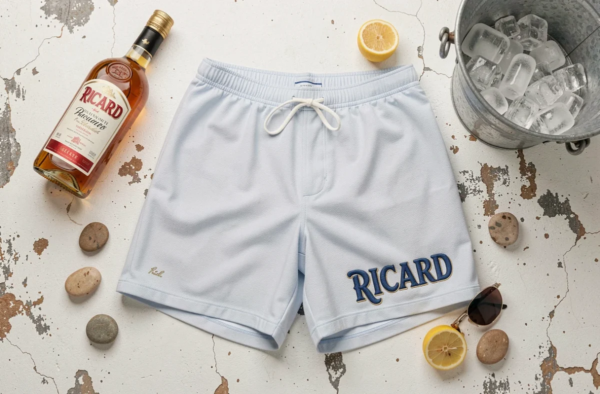 Flat-lay éditorial d'un short de bain Ricard avec accessoires apéritif sur béton blanc