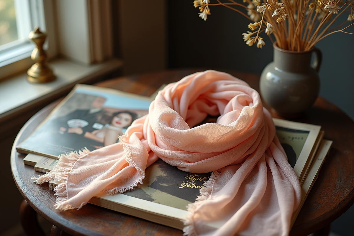 Foulard infinity posé sur une table en bois avec magazines