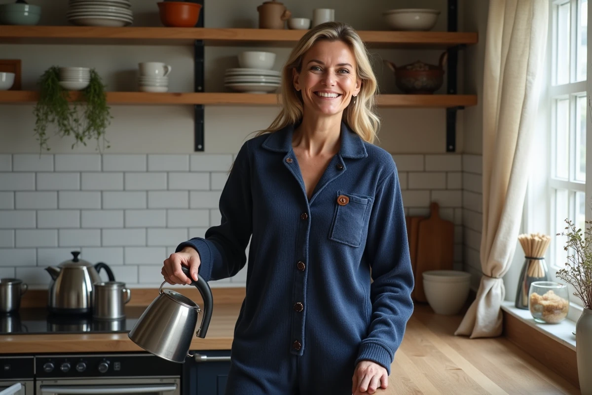 Femme en grenouillère bleu marine en tissu gaufré préparant un café dans une cuisine rustique, moment de cocooning quotidien authentique