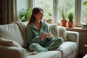 Femme portant une grenouillère femme verte en polaire douce, assise sur un canapé en lin avec une tasse de thé, ambiance cocooning chaleureuse