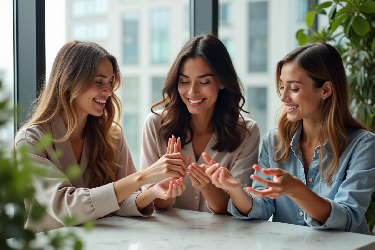 Groupe d amis discutant de swatches de maquillage dans un appartement lumineux