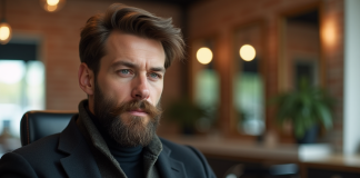 Tendances barbes 2025 : styles, longueur et conseils à adopter ! Homme avec barbe texturée dans un salon moderne