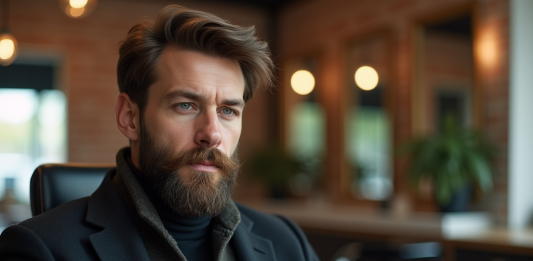 Tendances barbes 2025 : styles, longueur et conseils à adopter ! Homme avec barbe texturée dans un salon moderne