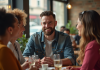Homme confiant avec barbe stylée dans un café urbain ensoleillé