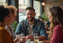 Homme confiant avec barbe stylée dans un café urbain ensoleillé