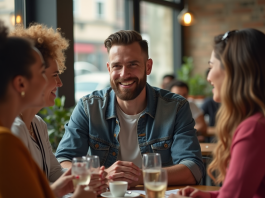 Homme confiant avec barbe stylée dans un café urbain ensoleillé