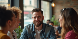 Homme confiant avec barbe stylée dans un café urbain ensoleillé