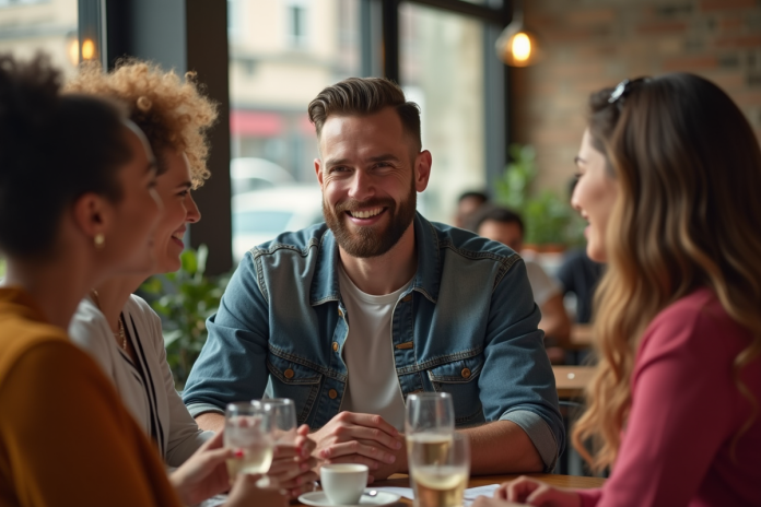Homme confiant avec barbe stylée dans un café urbain ensoleillé