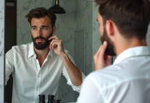 Homme en miroir avec barbe et chemise blanche dans salle moderne