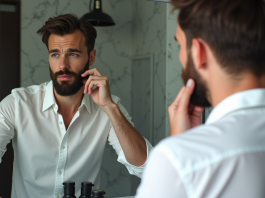 Homme en miroir avec barbe et chemise blanche dans salle moderne