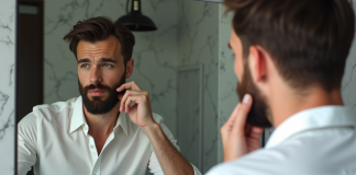 Homme en miroir avec barbe et chemise blanche dans salle moderne