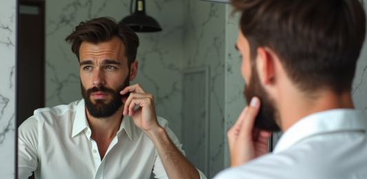Barbe : quelle longueur idéale pour un look impeccable ? Homme en miroir avec barbe et chemise blanche dans salle moderne