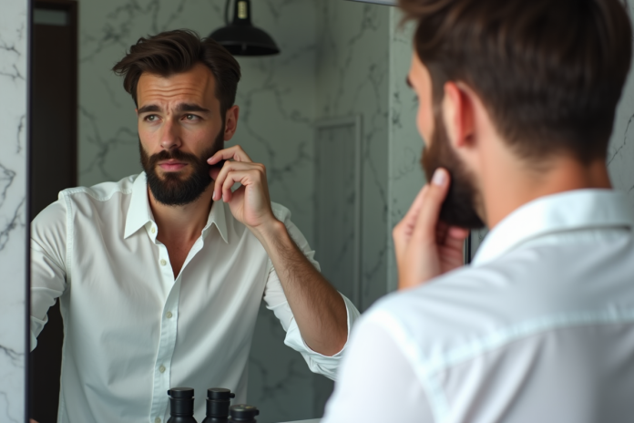 Homme en miroir avec barbe et chemise blanche dans salle moderne