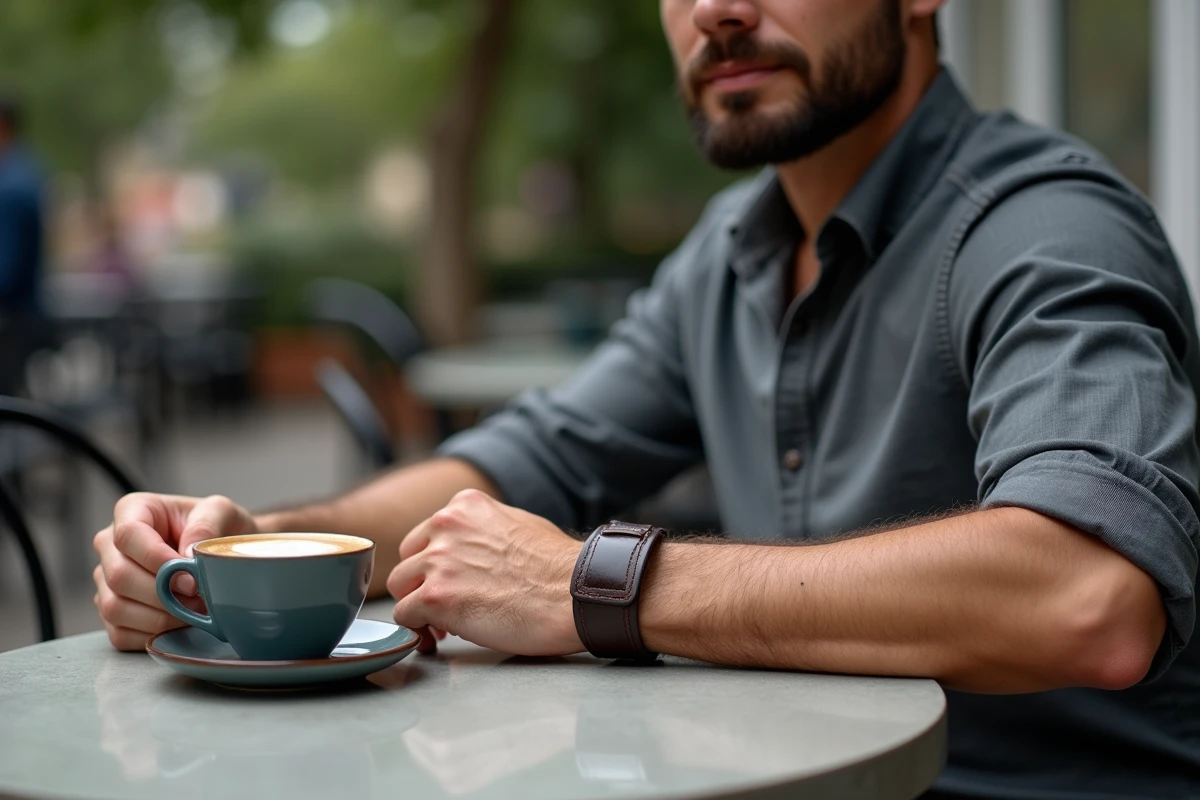 Homme portant un bracelet de force en cuir véritable au poignet dans un café urbain, vue rapprochée sur l'accessoire