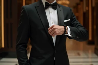 Homme en smoking noir portant un bracelet en pierre d'obsidienne dans un lobby d'hôtel luxueux