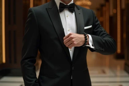 Homme en smoking noir portant un bracelet en pierre d'obsidienne dans un lobby d'hôtel luxueux
