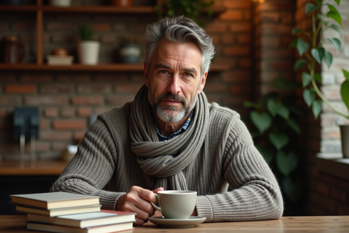Homme assis dans un café avec foulard en laine