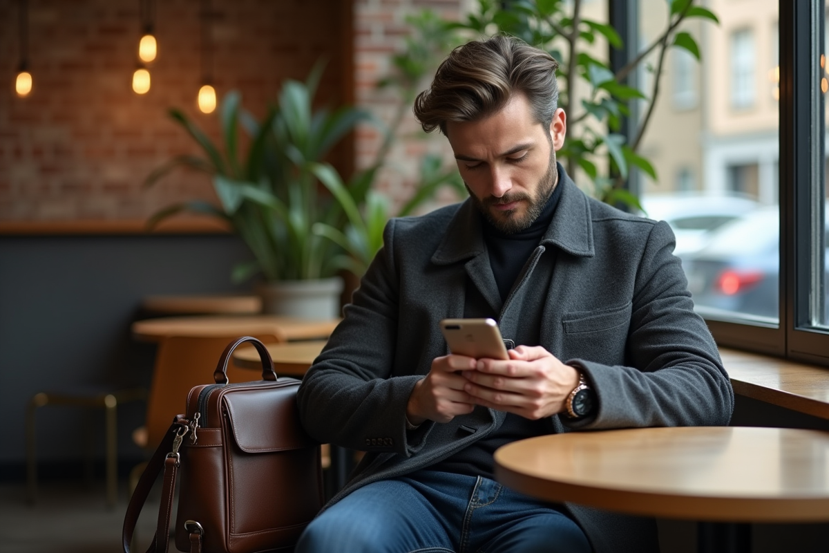 Homme au café posant son sac messenger en cuir