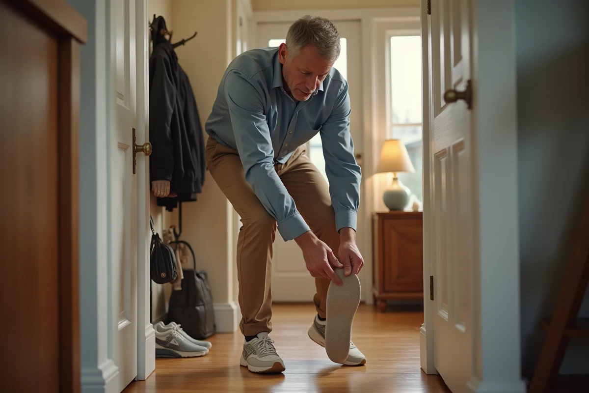 Homme à la maison retirant une chaussure avec insole décalée