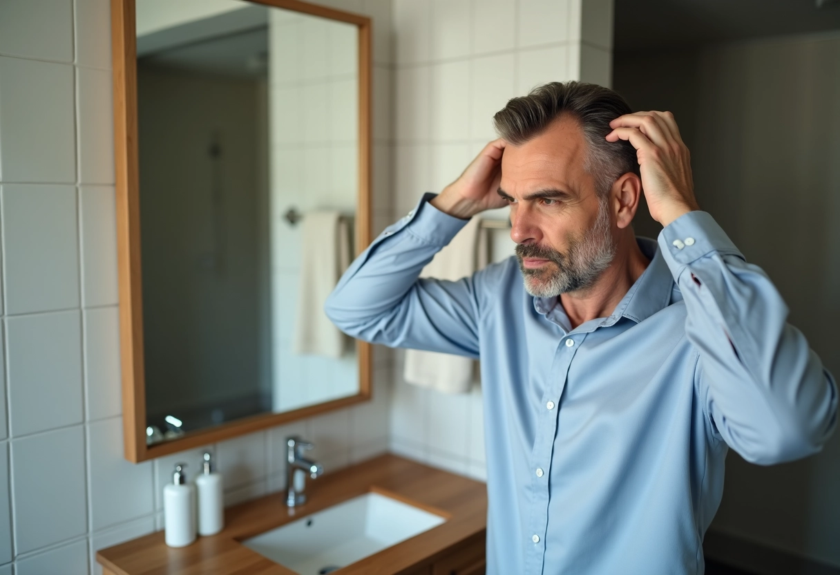 Homme se regardant dans le miroir de la salle de bain