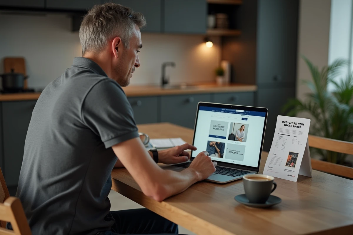 Homme comparant des sites de déstockage de vêtements de marque sur un ordinateur portable