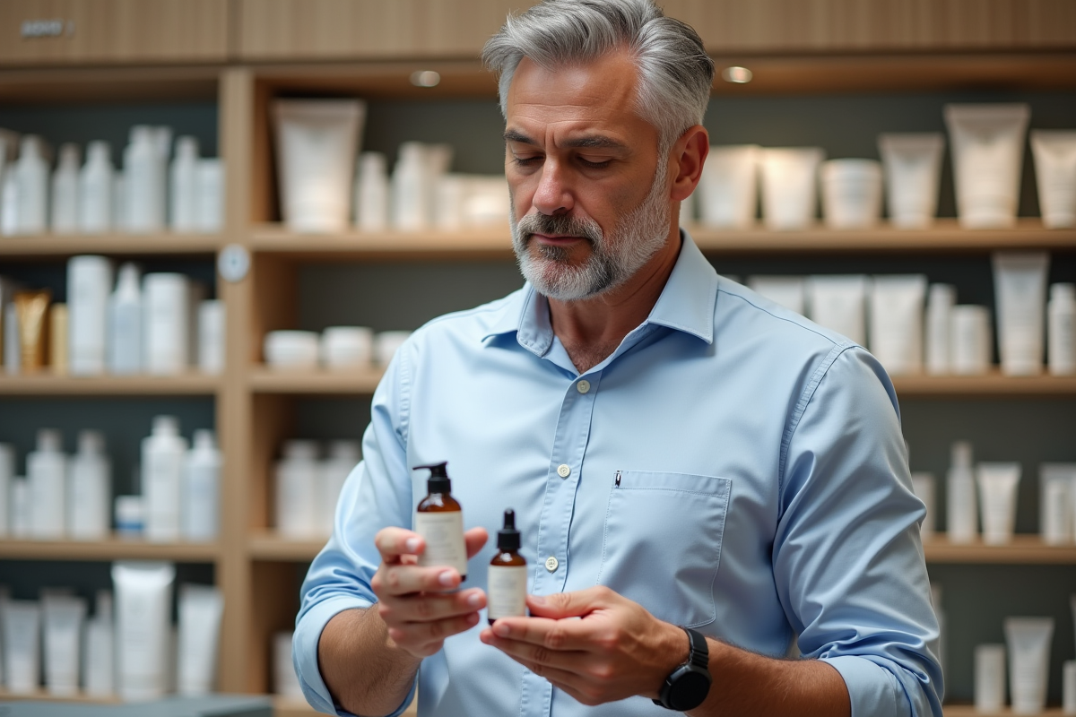 Homme comparant deux bouteilles de soins dans un magasin haut de gamme