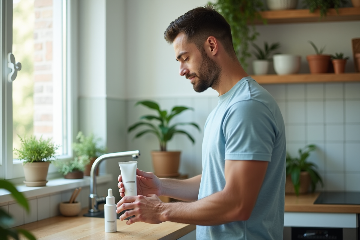 Homme regardant deux produits de soin dans une cuisine lumineuse