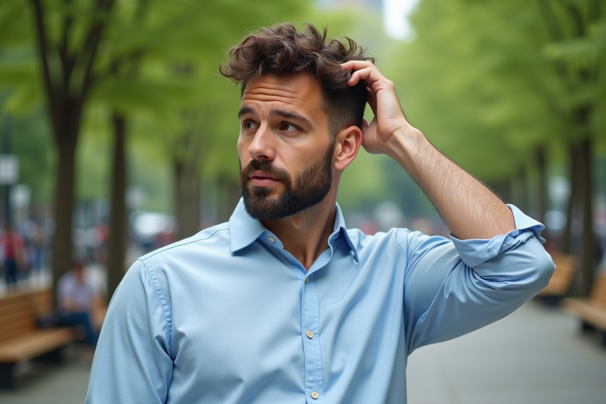 Homme confiant en chemise bleue dans un parc urbain
