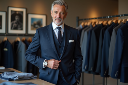 Homme en costume bleu examinant des vestes haut de gamme