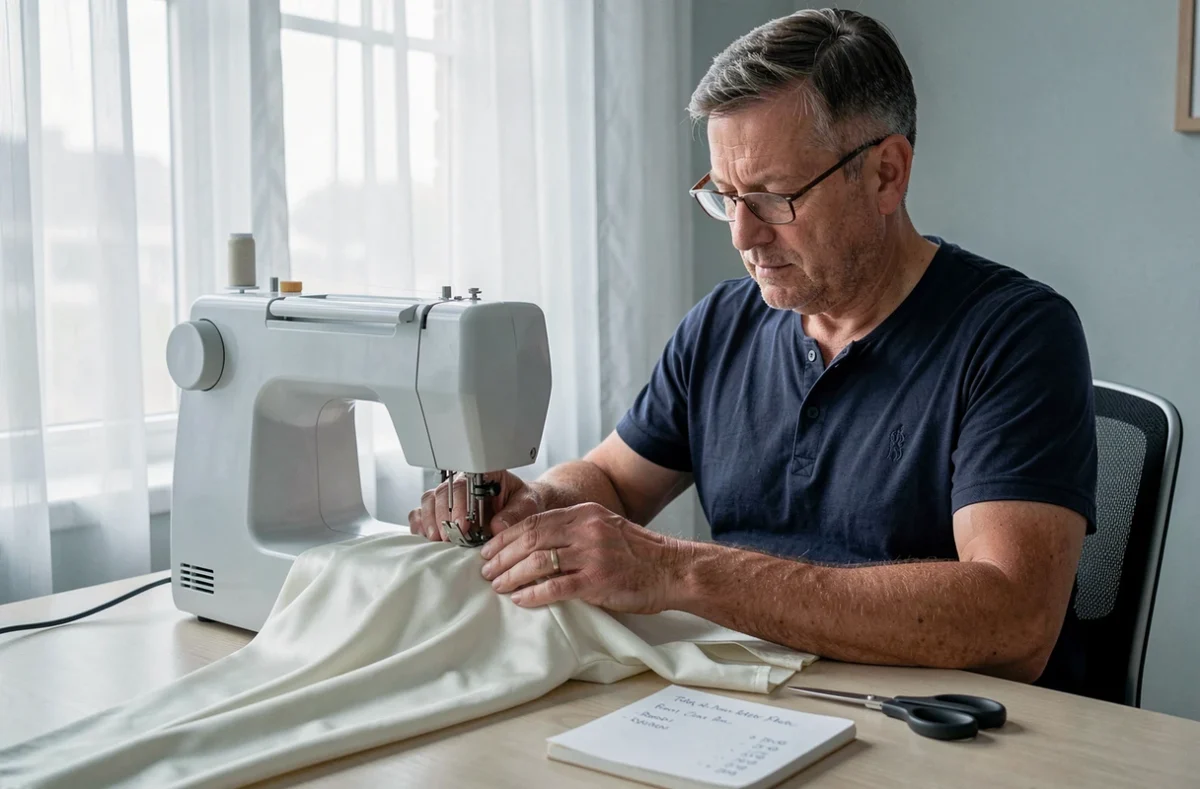 Homme couturier à domicile travaillant sur une blouse en soie à sa machine à coudre avec tarifs manuscrits