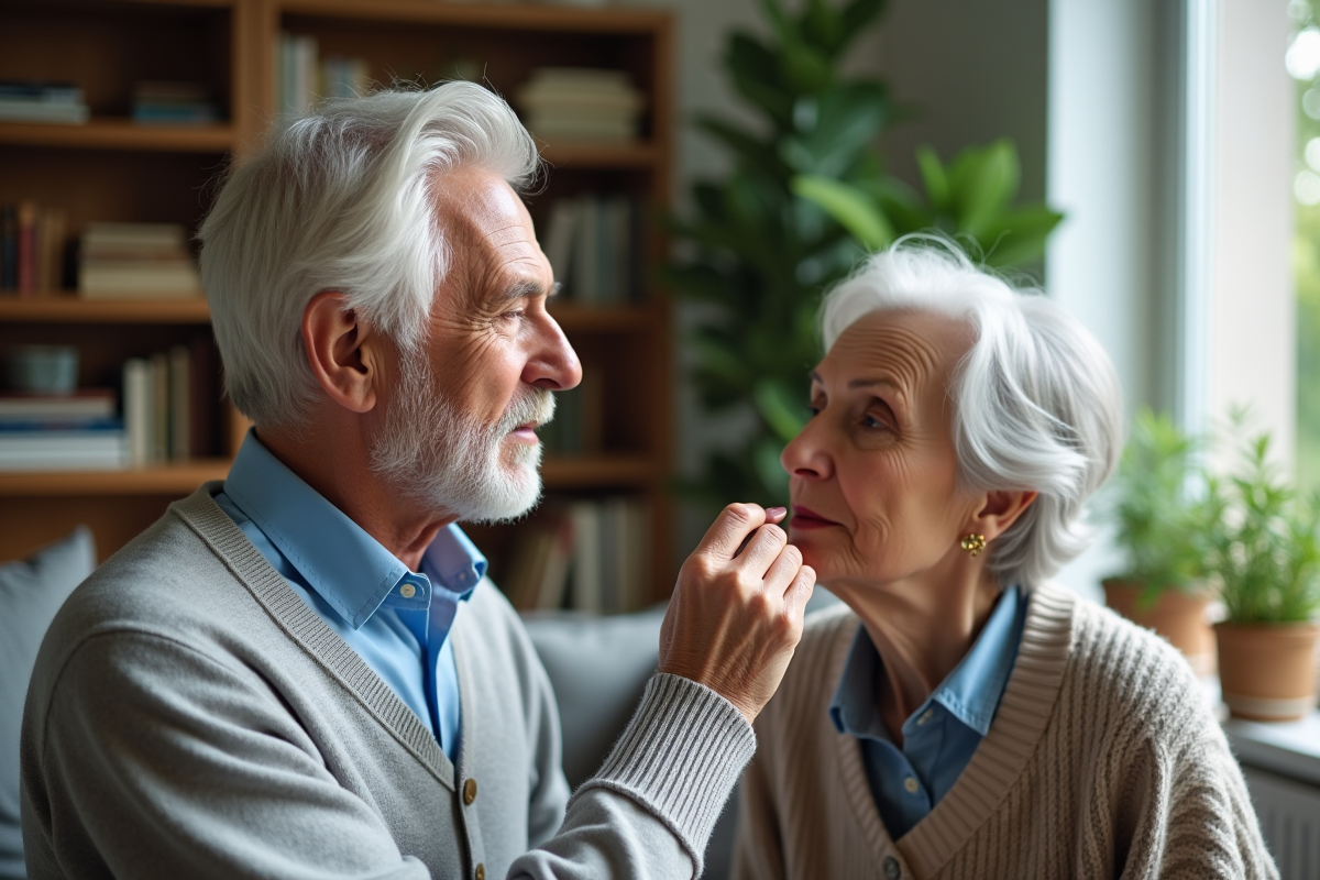 Homme âgé regardant une femme se maquiller dans un salon lumineux
