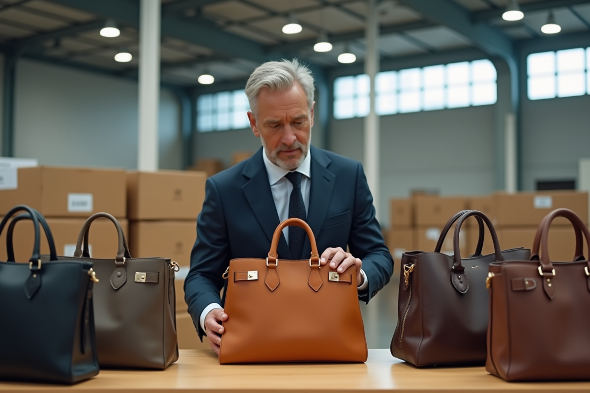 Homme cataloguant sacs de luxe dans entrepôt moderne