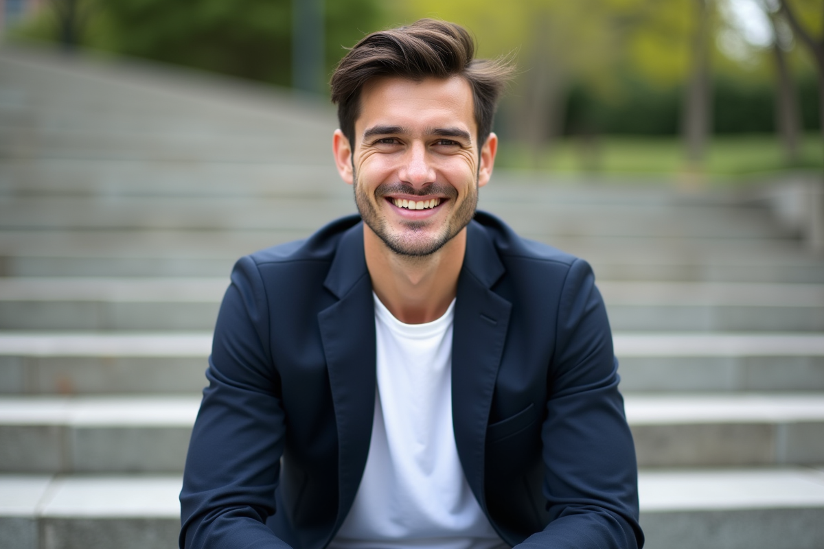 Homme souriant en veste marine dans un parc urbain