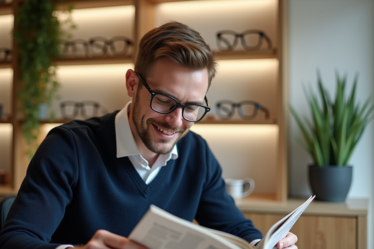 Homme portant des lunettes minimalistes dans une boutique moderne