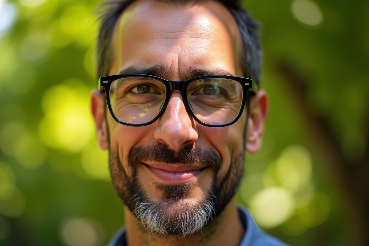 Homme portant des lunettes modernes en plein air avec reflet dans les verres