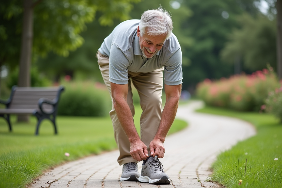 Senior homme ajustant ses chaussures de marche dans un parc verdoyant